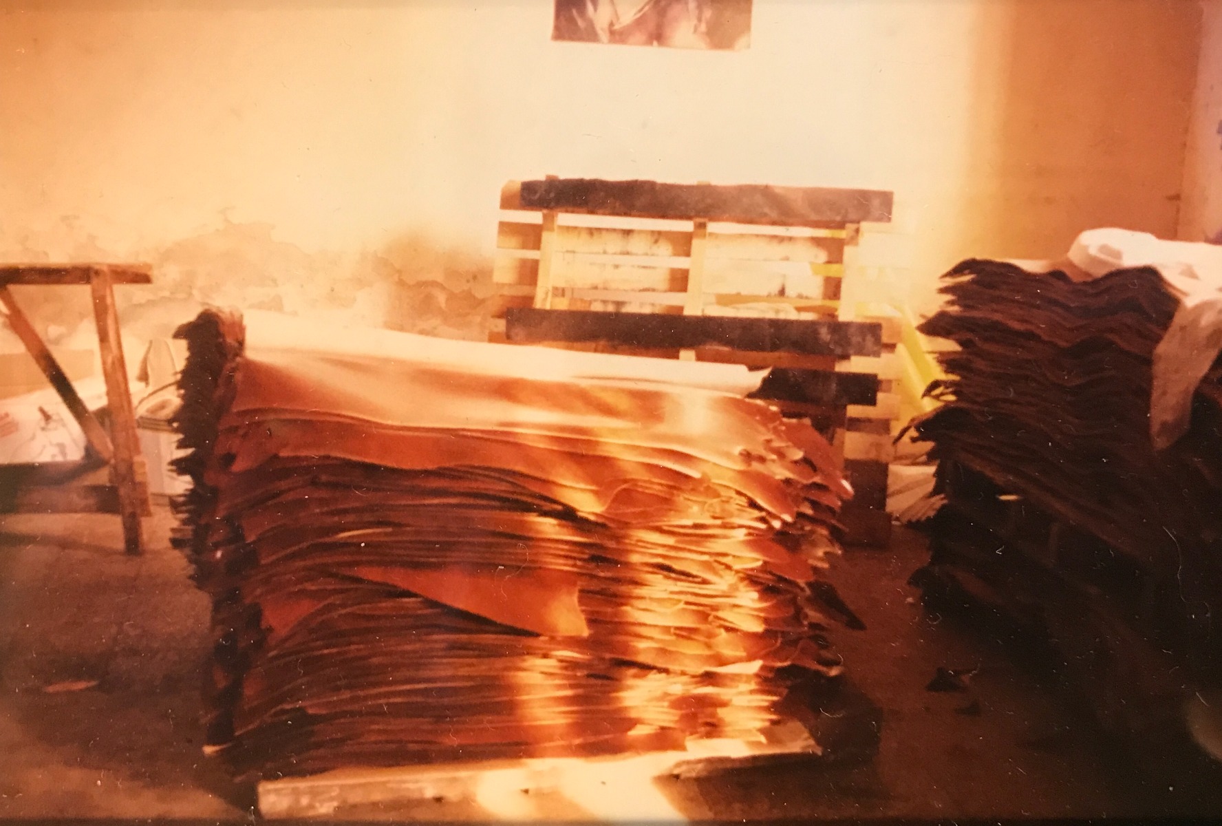 Hides being prepared for hand-staining circa 1960